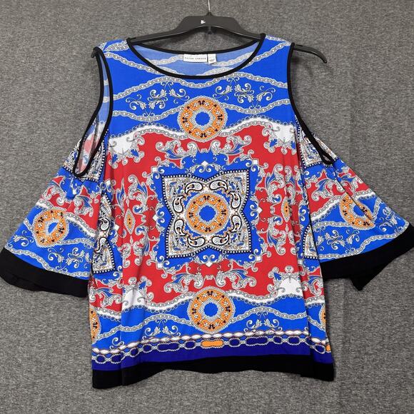 Susan Graver Tops - Susan Graver Shirt Womens XL Red Blue Gold Cold Shoulder Stretch Paisley Top